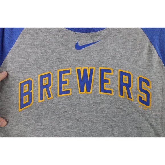 Nike Mens Large Faded Milwaukee Brewers Baseball 3/4 Sleeve Raglan T-Shirt Gray - Picture 5 of 16